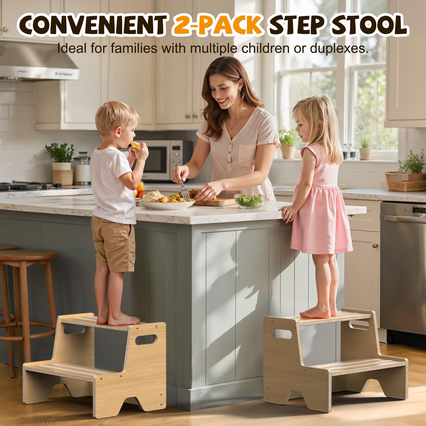 Uiirvdy Step Stool for Toddler, Sturdy Wooden 2-Step Stool with Anti-Slip Surface and Pads for Barthroom, Kitchen, Bedroom, Toilet, and Potty Training - 2 Pack
