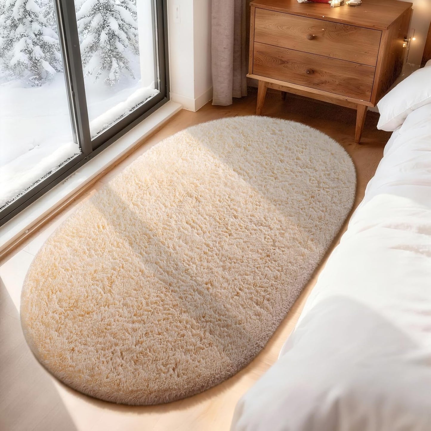 Ophanie 3x5 Oval Rug - Non-Slip Beige Area Rug for Bedroom | Fluffy Dorm Decor & Nursery Essentials