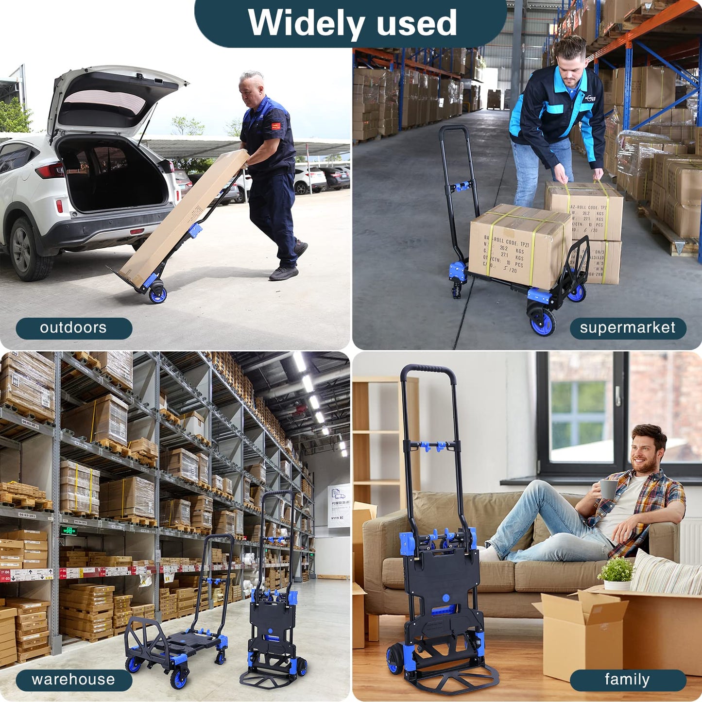 2-in-1 Hand Truck Dolly Foldable,330LB Capacity Hand Dolly,Folding Hand Cart with Retractable Handle,Hand Truck Foldable with 4 Wheels,Portable Handtruck