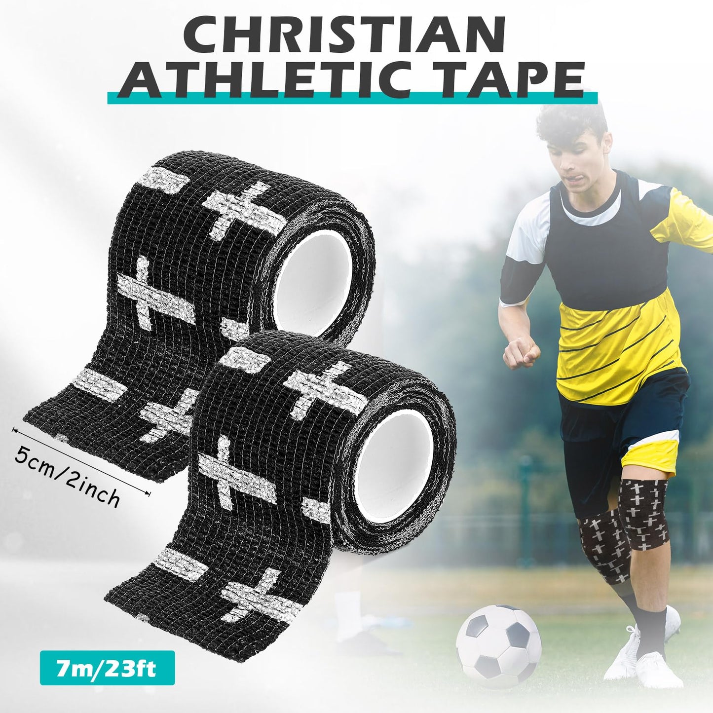 TrelaCo 2 Pcs Cross Tape Christian Athletic Tape 2IN X 15FT Elastic Wrist Wrap for Baseball Soccer Football Gymnastic Non Woven Jesus Self Adhesive Bandage Sport Bandage Wrap for Wrist, Feet (Black)