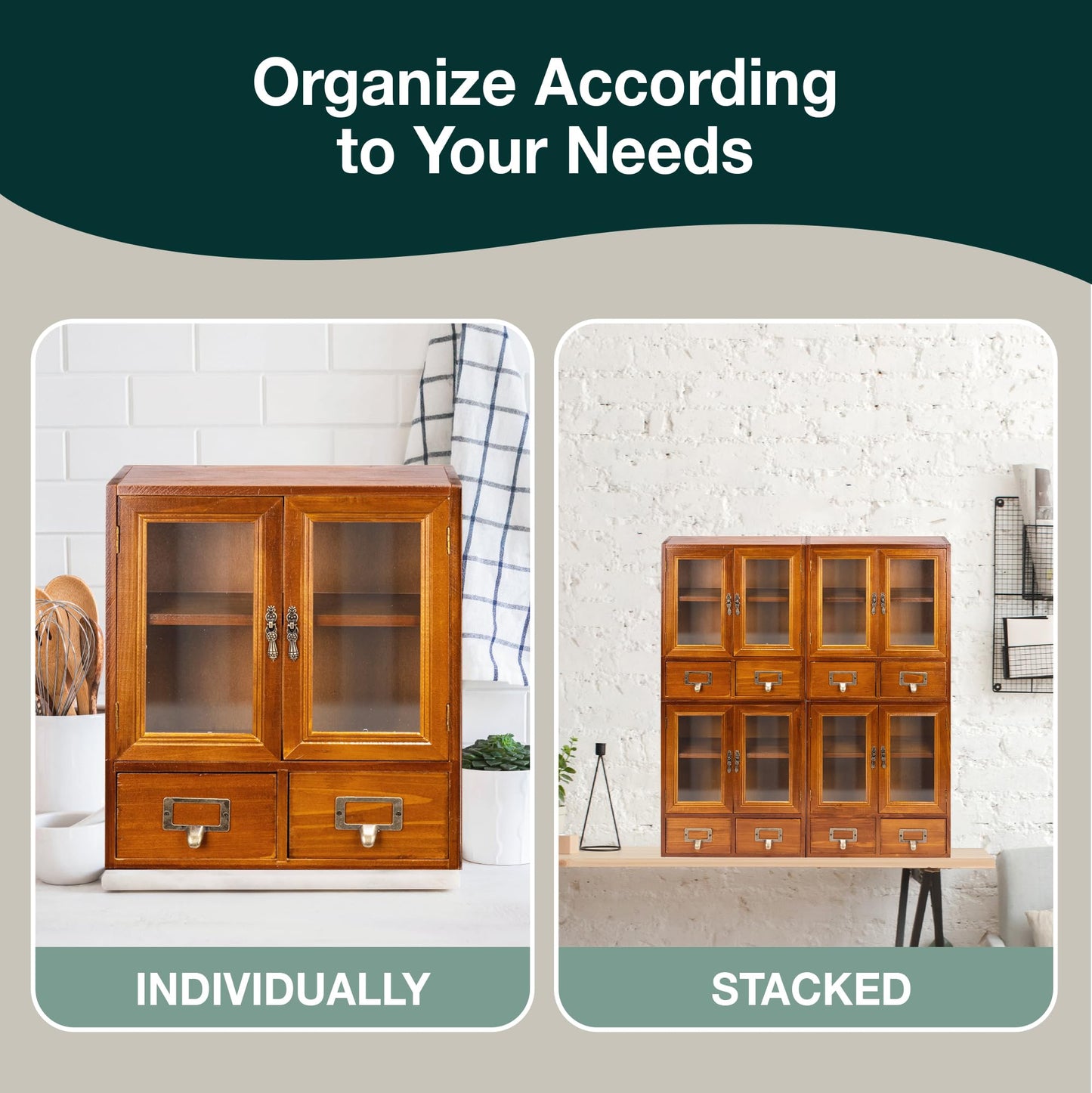 Stackable Modular Set of 4 Mini Cupboards - 8-Drawer Pantry Storage Cabinet - Dark Mahogany Wood Cabinets with 4 Glass Doors and 8 Shelves - Shelf Cabinet Storage Organization, Fully Assembled