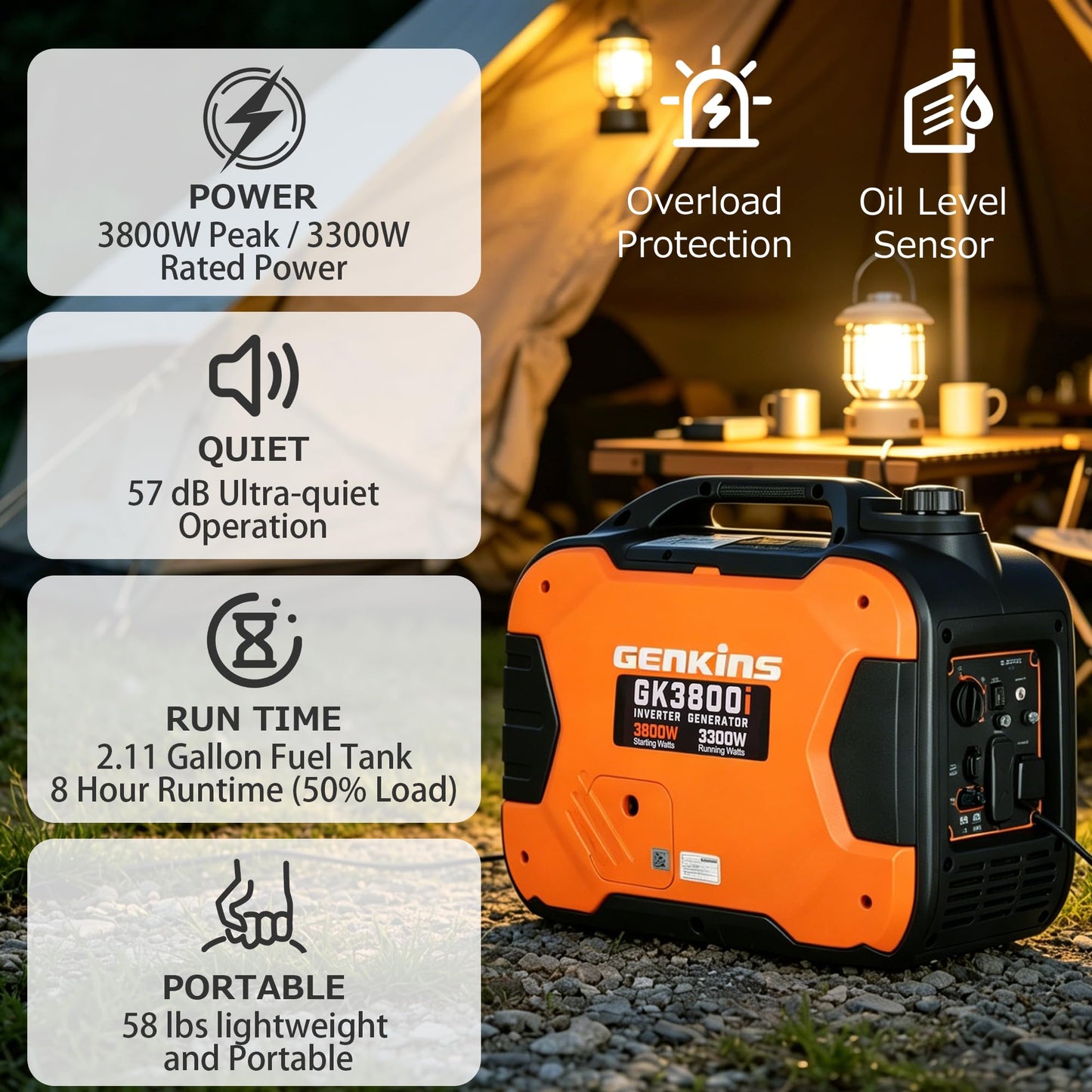 GENKINS 3800W Portable Parallel Capable Inverter Generator,Gas Powered,CO Sensor & ESC Fuel-Saving,Ultra Quiet, RV Ready, Ideal for Camping & Outdoor Use, EPA Compliant