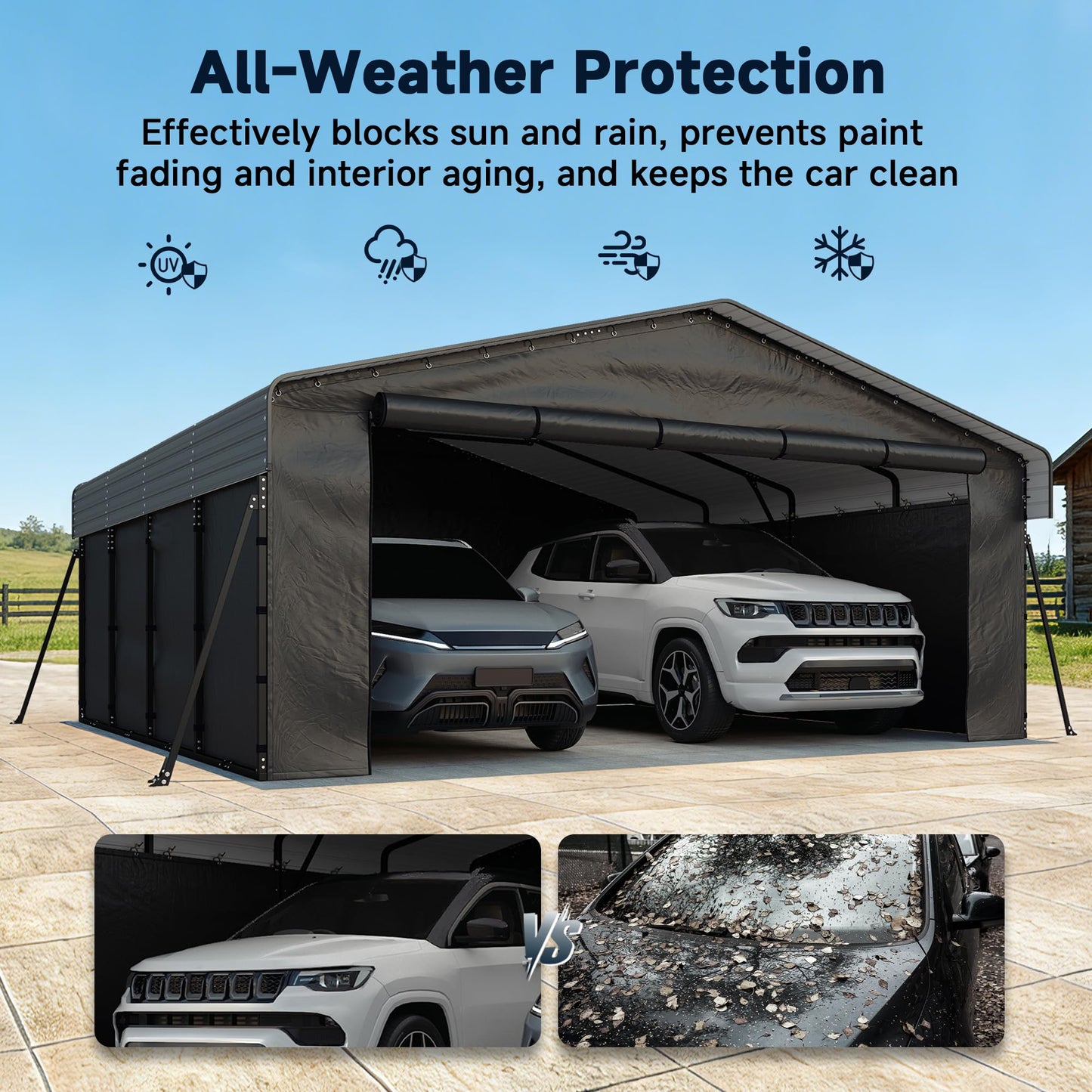 Real Relax 20x20FT Heavy Duty Metal Carport, All-Weather Galvanized Steel Enclosed Car Canopy with Roll-Up Door, Reinforced Base for 2 Cars, Trucks, Boat, Gray