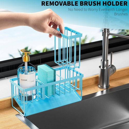 Cisily Blue Kitchen Sink Caddy Organizer - Rustproof Stainless Steel with Brush & Sponge Holder