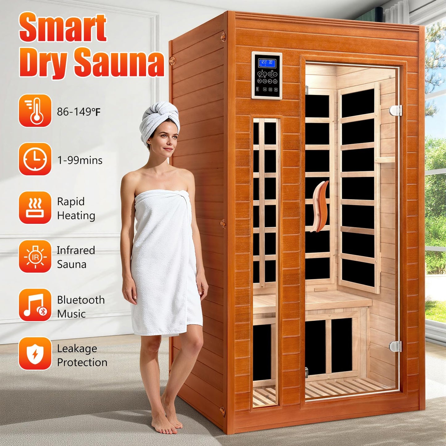 X-Vcak 1-2 Person Infrared Sauna, Dry Heat Sauna with Red Light Therapy, Bluetooth, Radio, 7-Color Therapy Light for Home, Indoor, Gym, Wellness Center, 40″ x 36″ x 73″, Brown