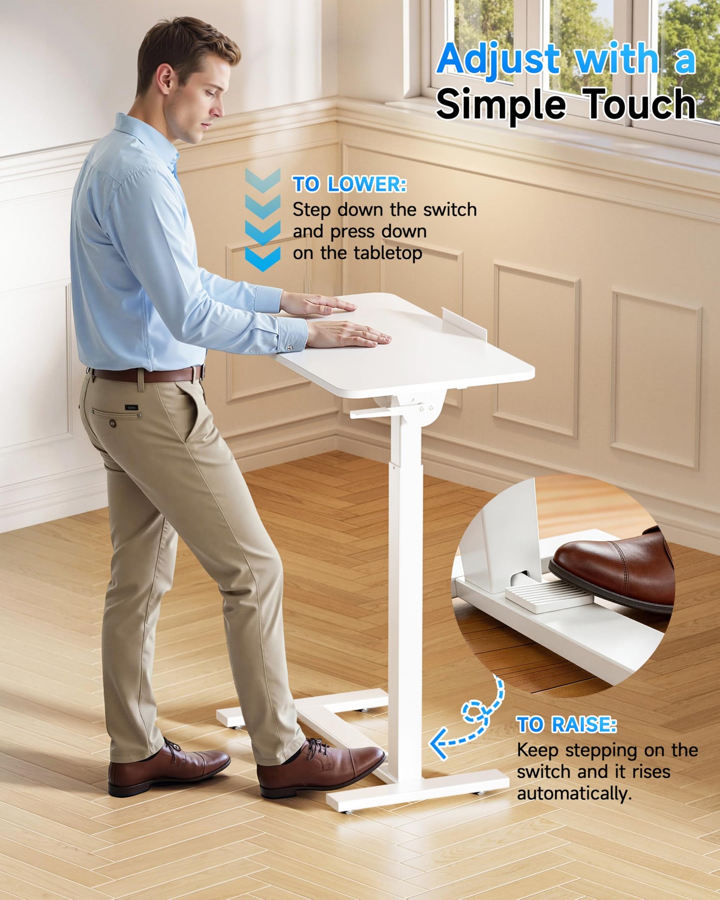 BIZUM Mobile Standing Desk Laptop Desk Pneumatic with Wheels 180° Tilt Top Hospital Bed Table Portable Rolling Cart Foldable Bedside Table for Hospital&Home Use, White
