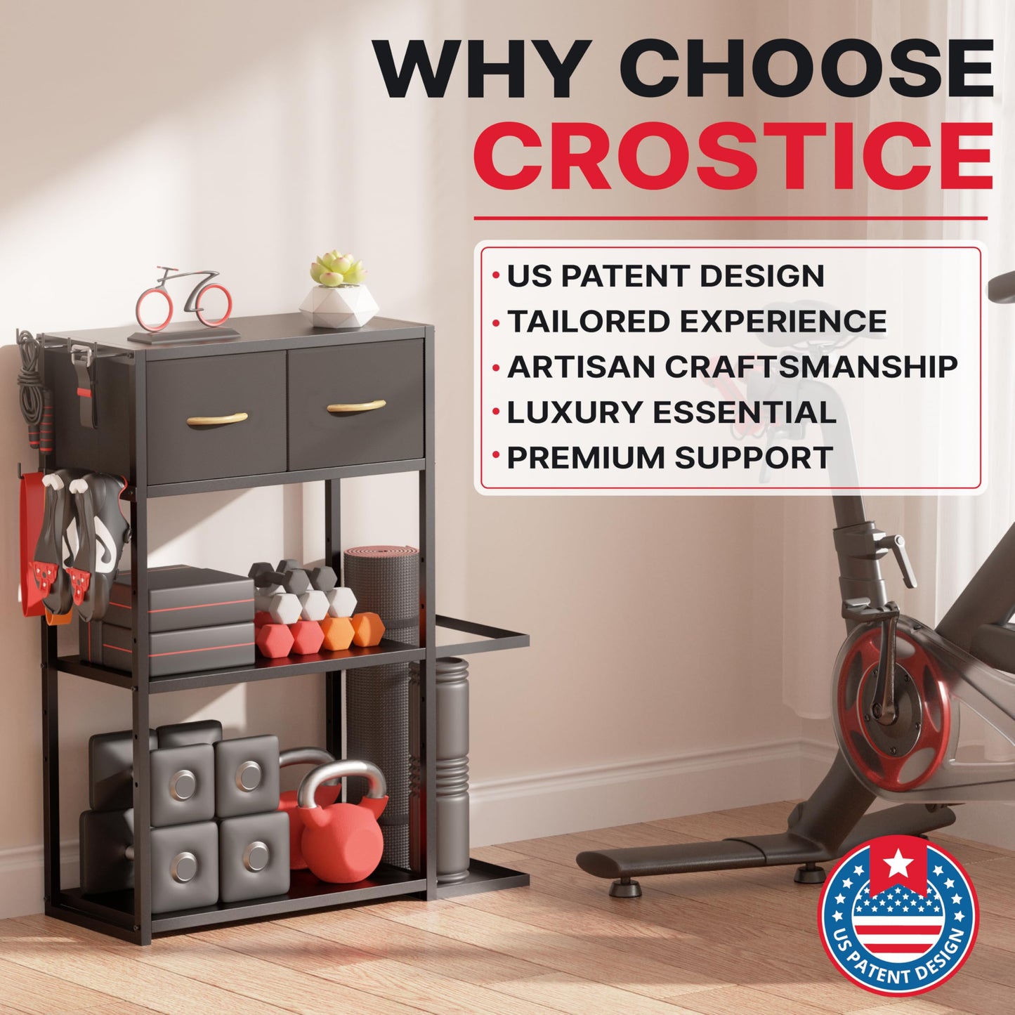 Crostice Home Gym Storage Shelf Stand Only, Adjustable Weight Rack for Dumbbells Plus Extra Upper Drawer, for Weight, Mat and Workout Equipment, Large Capacity Gym Organizer with 4-Tier, Easy-assembly