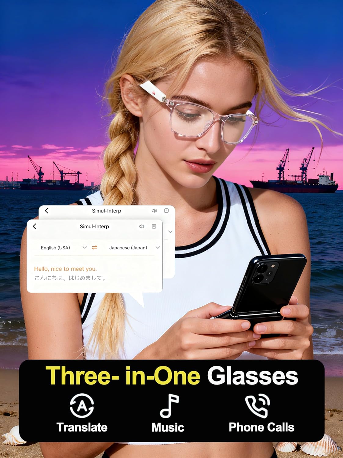MNVOEQ IP65 Smart Bluetooth Glasses, AI Voice Translation Eyewear with Integrated Speakers and Microphone, Hands-Free