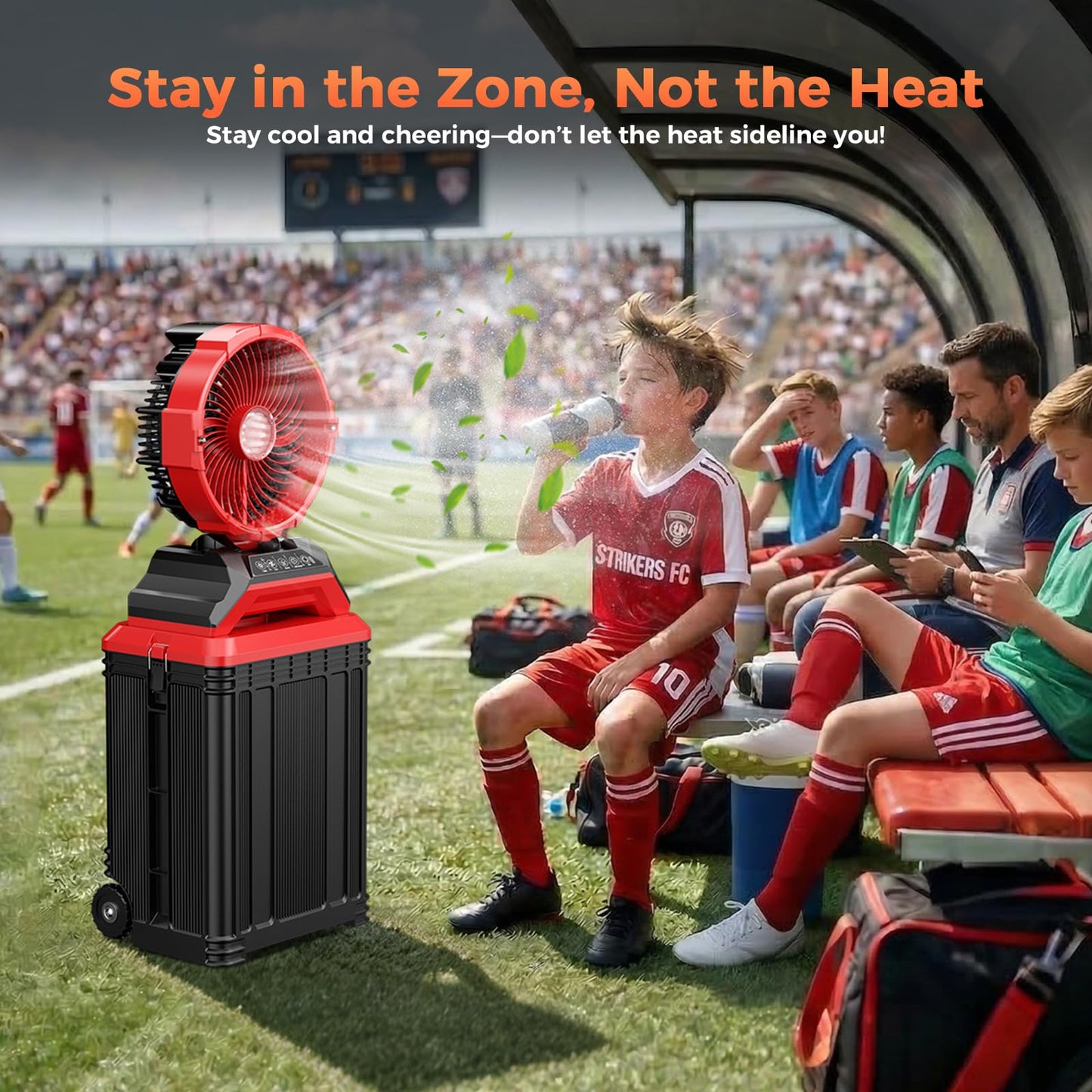 Portable Misting Fan with Wheels, 2-in-1 Rolling Mist Fan with 30L Water Tank, 30000mAh Rechargeable Battery Operated Cooling Station with Remote for Golf Cart, Patio, Camping, Outside & Travel