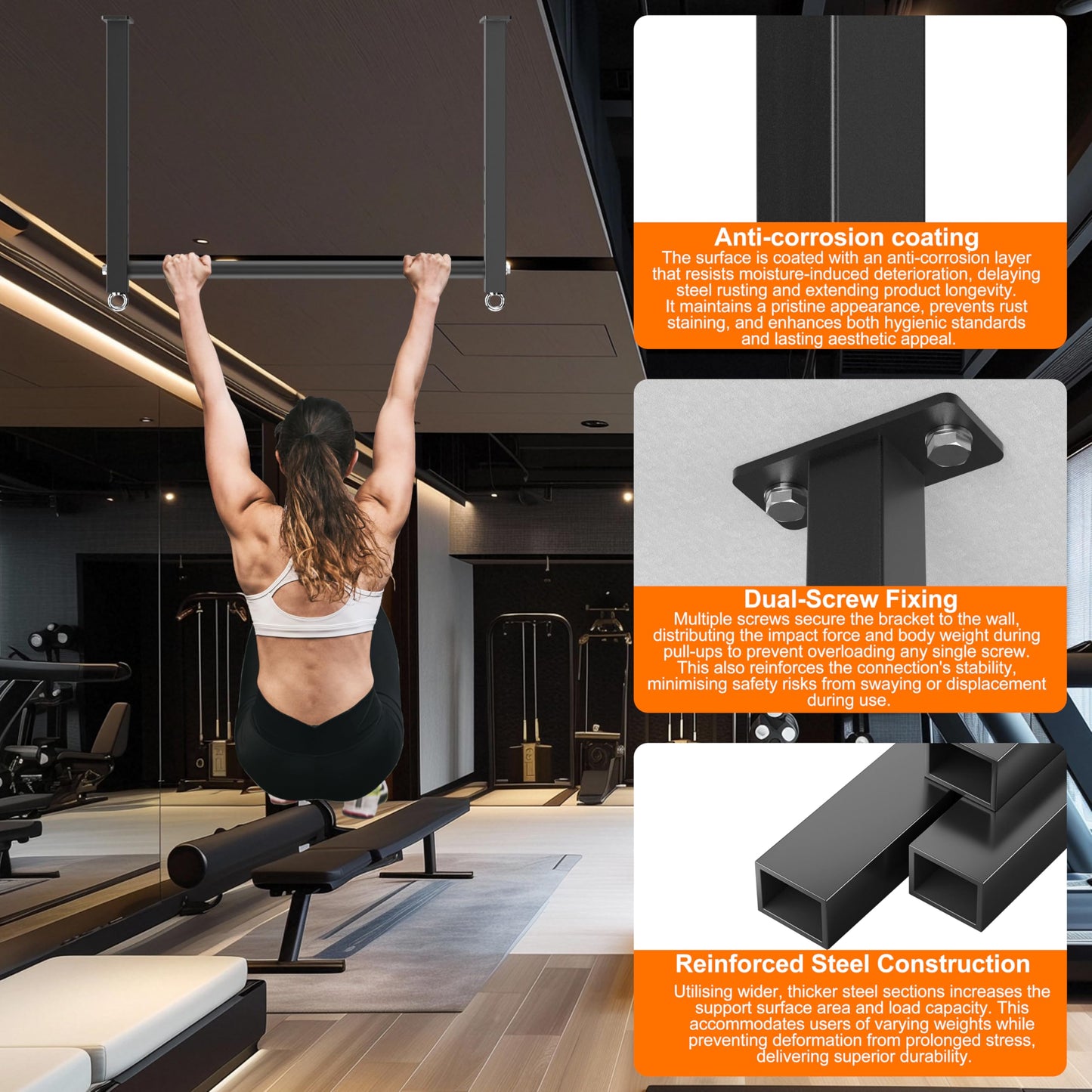 HWOOUSA Ceiling Mounted Pull Up Bar, 700 LBS Heavy Duty 4 Adjustable Pull Up Bar, 24" Rafter Pull Up Bars, Ceiling Joist for Garage/Gym/Basement with Comfortable Grip & Round Anchors