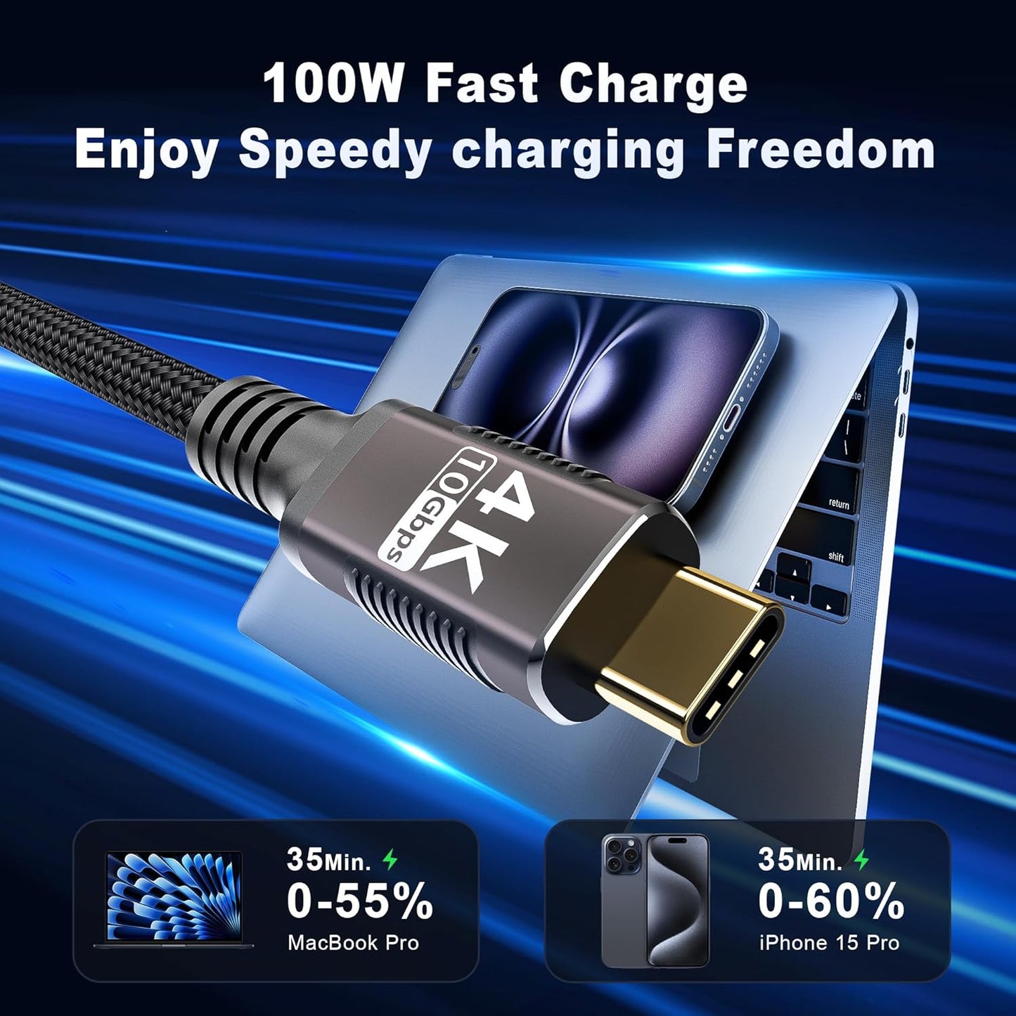 KMMXXCPM 16FT/5M 3,USB 3.1 1 10Gbps Transfer,4K@60Hz/2K@120Hz PD3.0 100W USB C Long Cable Compatible with Thunderbolt C