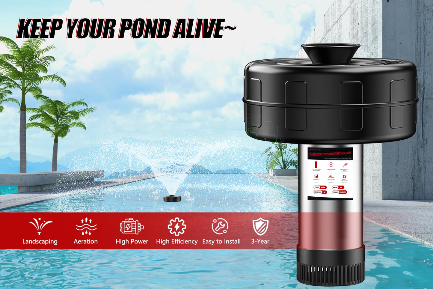 Pond Fountain Aerator, 1HP 110V 15000 GPH Fountain Pump,Stainless Steel Body, 15A/110V 100FT Power Cord, Multifunctional time Controller，200Ft Traction Rope, Aerator Pump for Ponds & Lakes