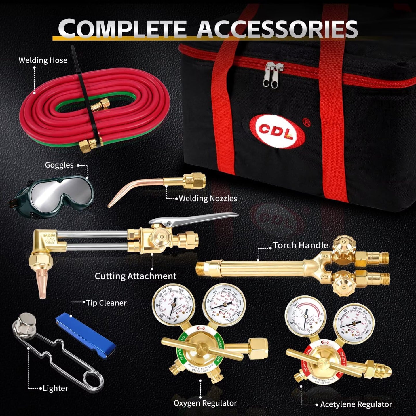 CDL Oxy Acetylene Torch Kit with Check Valves,Medium Duty,Gas Welding Cutting Torch Kit with Hose,Regulator Gauges,Cutting Tip,Welding Tip,Goggles,Carrying Bag