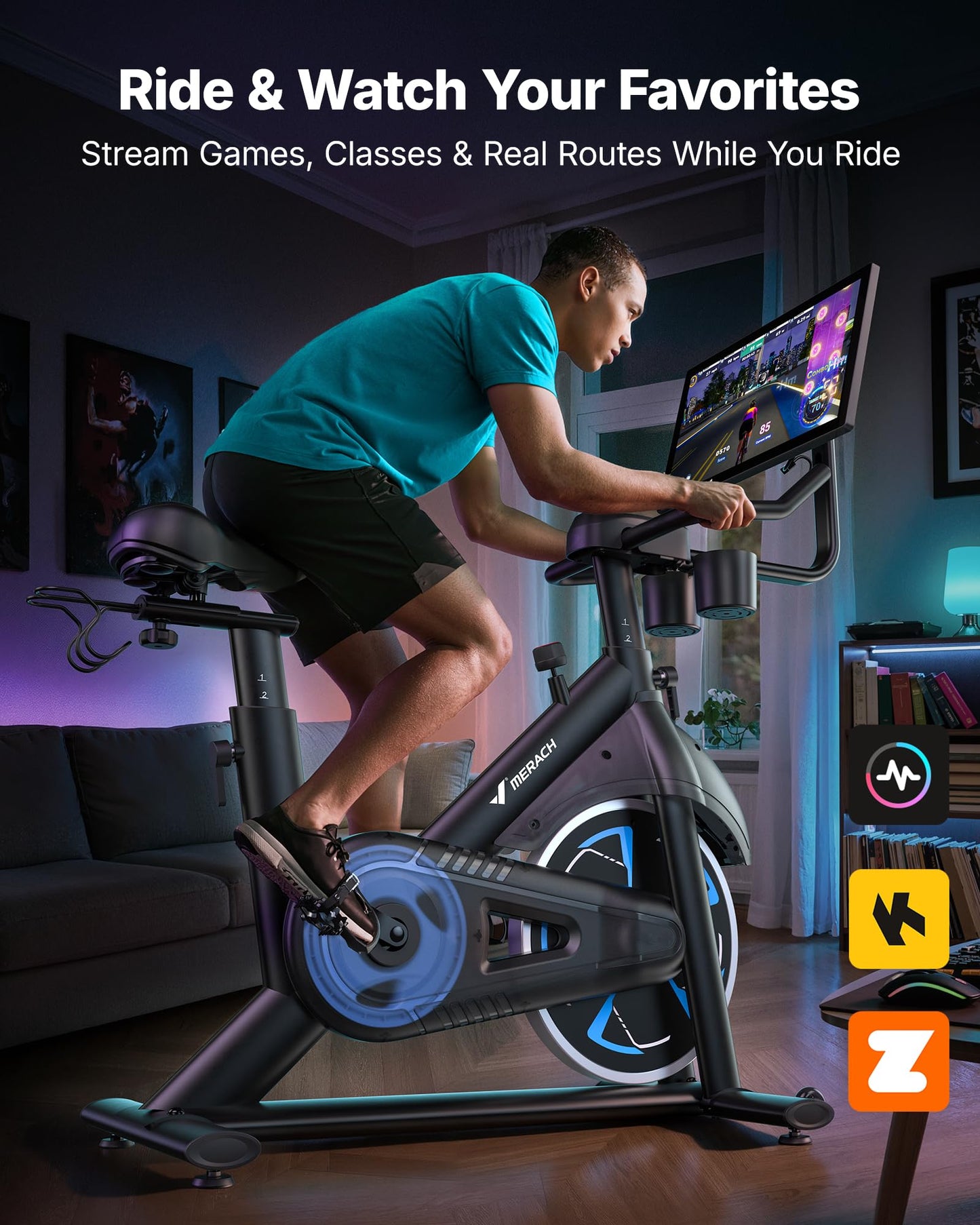 Merach Magnetic Exercise Bike with 21.5" HD Display & Auto Resistance, Low Noise Stationary Bike for Home with Comfortable Seat Cushion, Spinning Bike with Exclusive App