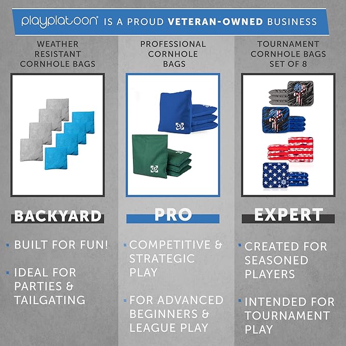Professional Cornhole Bags - Set of 8 Regulation All Weather Double Sided - Sticky Side/Slick Side Bean Bags for Pro Corn Hole Game