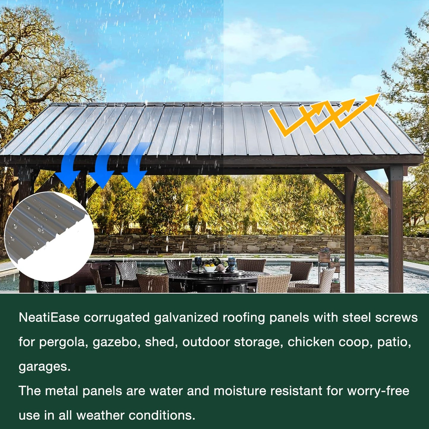 NeatiEase 10 Pcs Metal Roofing Panels, 6.1 Feet Corrugated Galvanized Roofing Panels Metal Siding Panels with Steel Screws for Pergola, Gazebo, Shed, Outdoor Storage, Chicken Coop, Patio,Garages