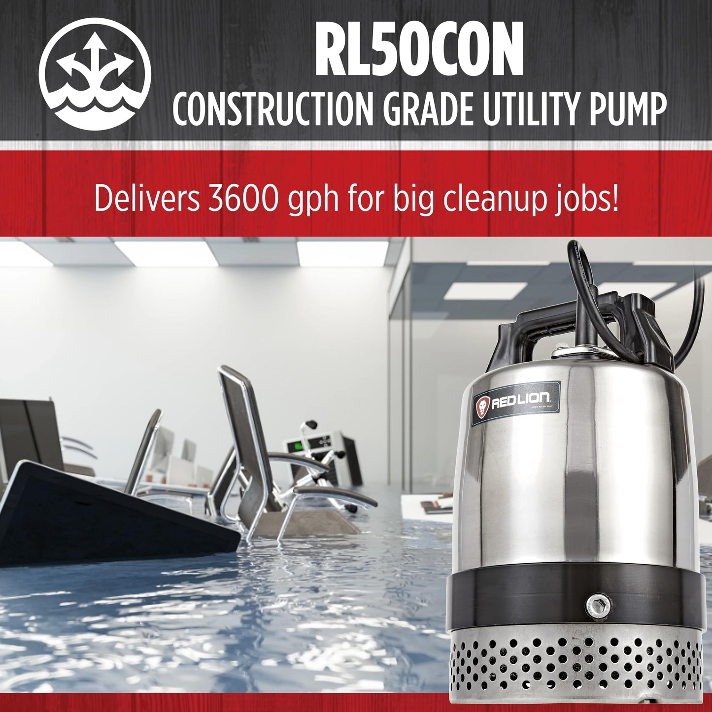 Red Lion RL50CON 115 Volt, 1/2-HP, 3600 GPH Heavy-Duty Stainless Steel Manual Submersible Utility Pump with 20-Foot Power Cord, Steel, 14942722