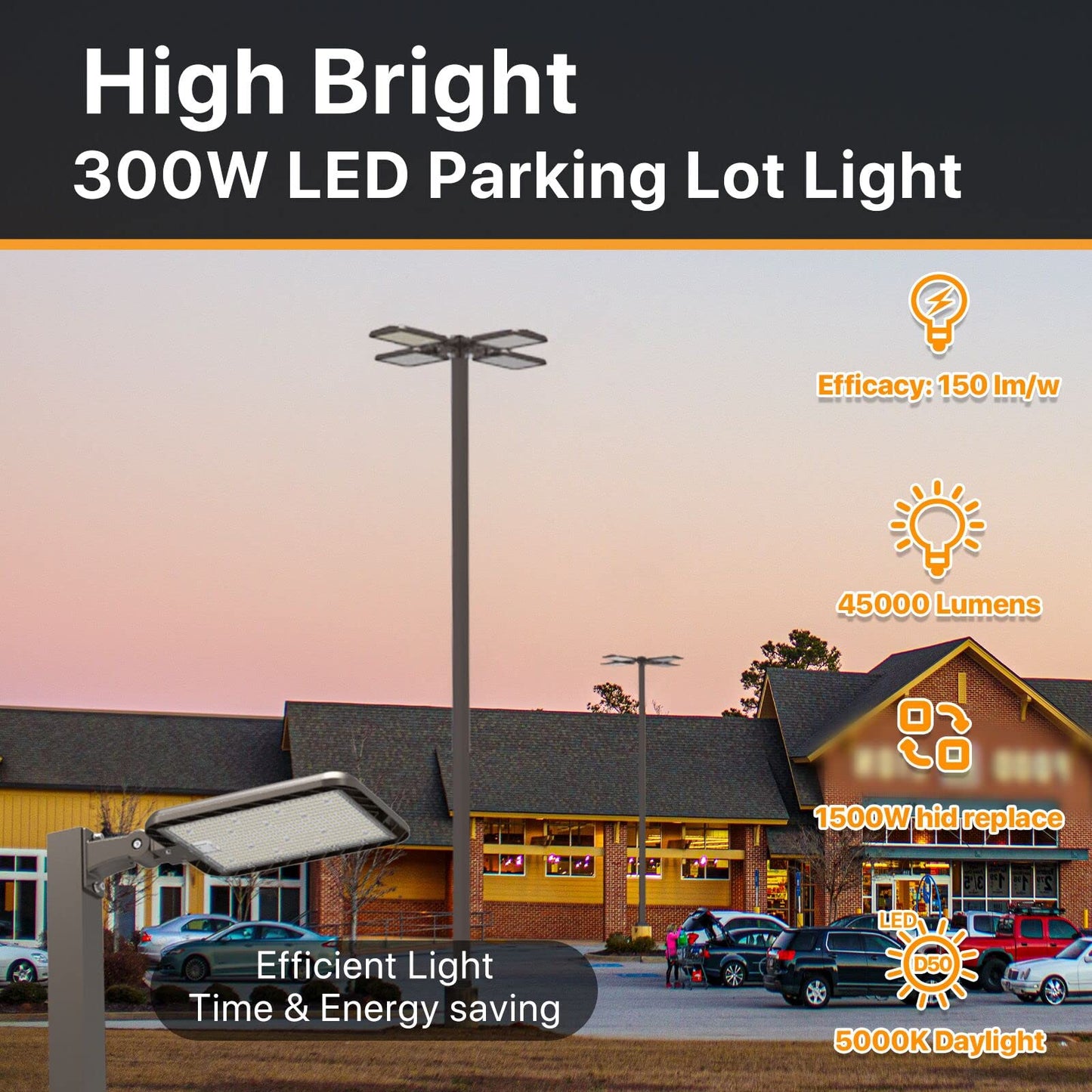 DEMILARE 300W Led Parking Lot Light Adjustable Arm Mount 2Pack, 45000LM Dusk to Dawn Photocell Shoebox Lights Outdoor 5000K IP65 Waterproof 100-277V Street Area Lighting for Court, Parking Lot, Roads