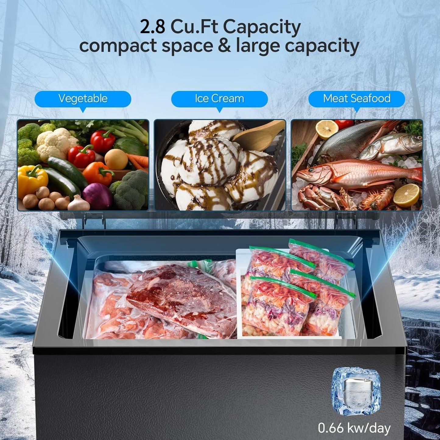 Kismile 2.8 Cubic Feet Chest Freezer with 2 Removable Basket Free Standing Top Open Door Compact Freezer with Adjustable Temperature for Home/Kitchen/Office/Bar