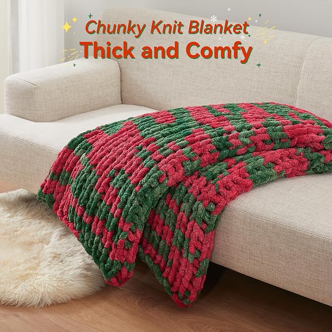 Negwoo Chunky Knit Throw Blanket, 60''*80'' Knitted Throw Chenille Yarn for Bed Couch, Handmade Stripe Crochet Big Thick Blanket, Machine Washable Cute Comfy Blanket for Home Decor