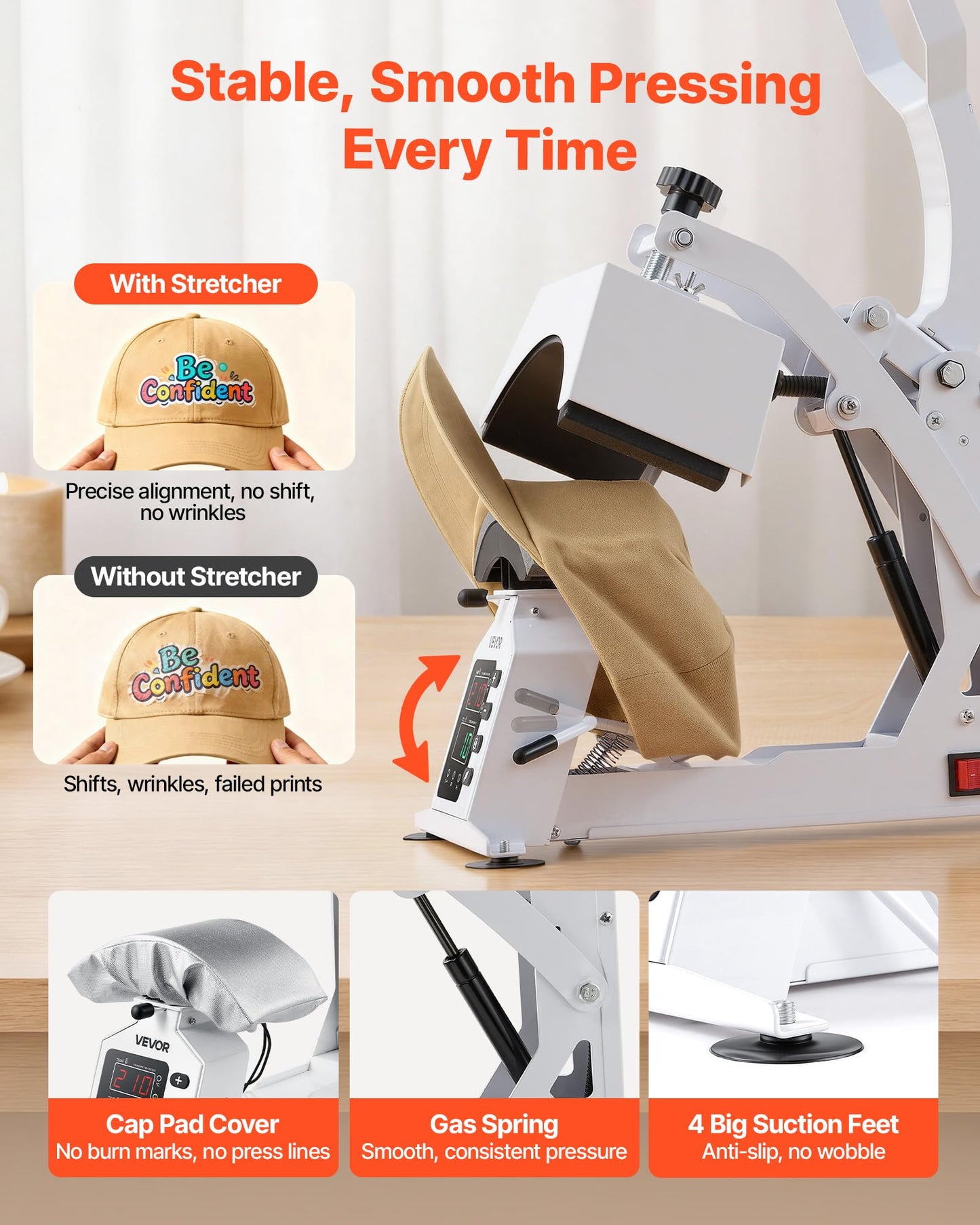 VEVOR Hat Heat Press Machine, with 4 Interchangeable Platens and Caps Stretcher, Precise Temperature & Time Control, Heat Press for Hats and Caps, for HTV Iron On and Sublimation Projects, White