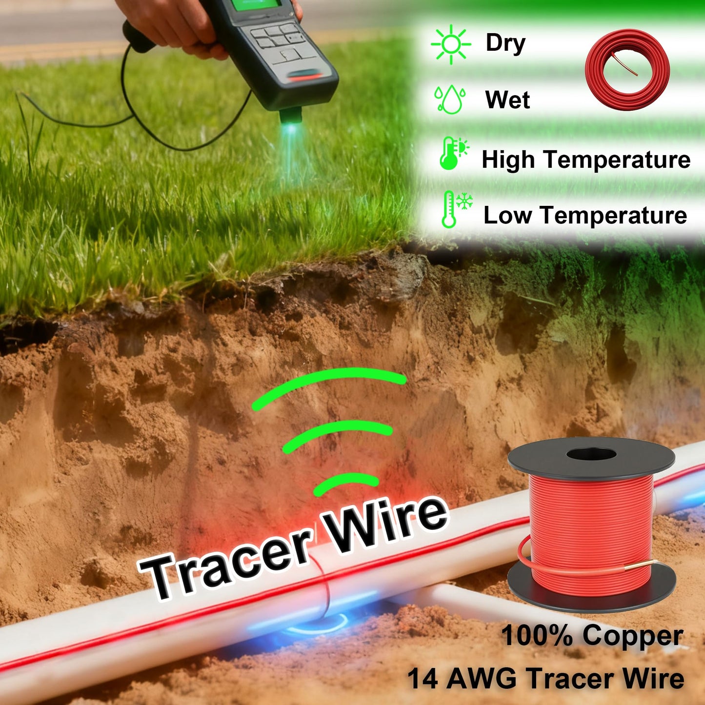 ROYA WYRE 14 AWG 100% Solid Copper Tracer Wire 1000ft, Red - Direct Burial Underground Locating Cable (30/600V) for Electrical Conduit, Gas & Water Lines