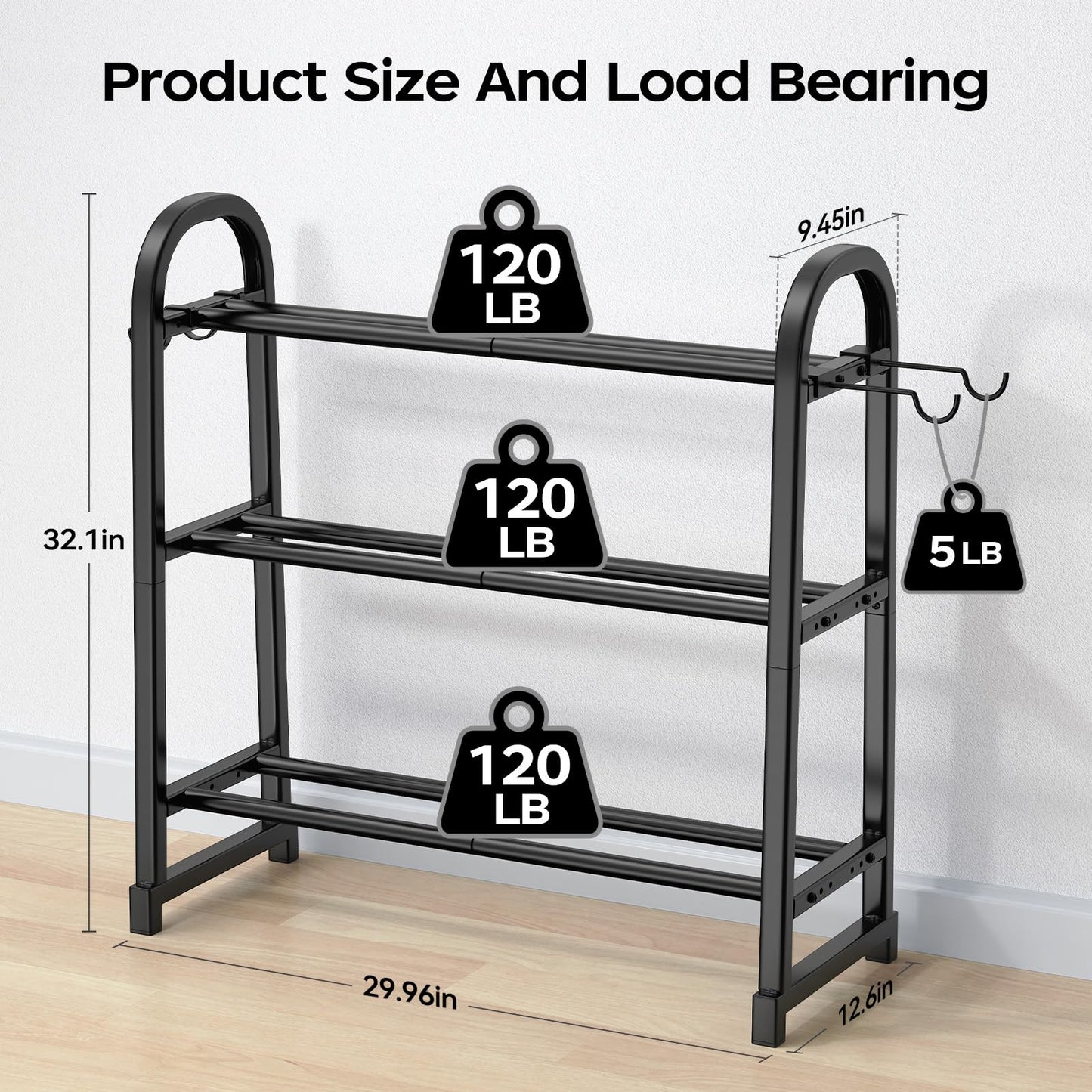 YaDonpe 3 Tier Dumbble Rack - 360LB Capacity Adjustable Dumbbell Storage Rack Space-Saving Home Gym Weight Rack For Dumbbells And Kettlebells With Hooks (Dumbbell Rack Stand Only)（Matte Black （29.96''Length））