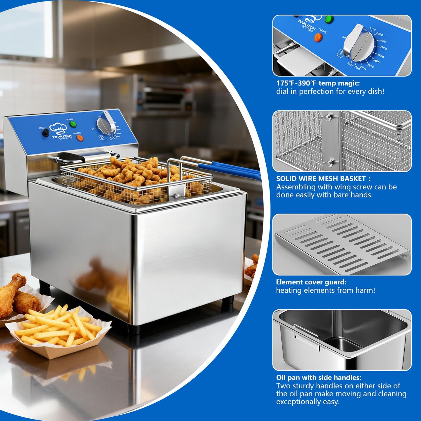 TOPKITCH 6L Electric Deep Fryer with Removable Oil Container and Handle, Solid Wire Mesh Basket and Lid, Lightweight Commercial Countertop Fryers - 120V 1800W
