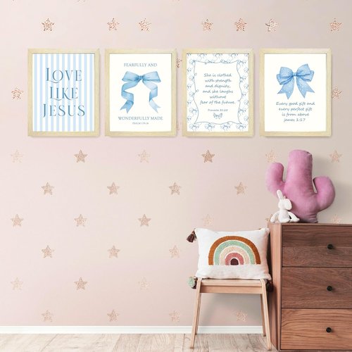 LARTSFRO Coquette Blue Bow Wall Art Decor - Inspirational Bible Verses | Set of 4, 10x8 Inch for Teen Girls