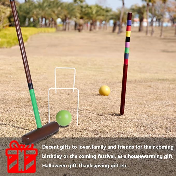 Croquet Set for Adults - 8 Players Croquette Kit with 32In Regulation, 35In Deluxe Size Rubber Wood Mallets, Colored PE Ball, Wickets, 24In End Stakes, Lawn Backyard Game for Families