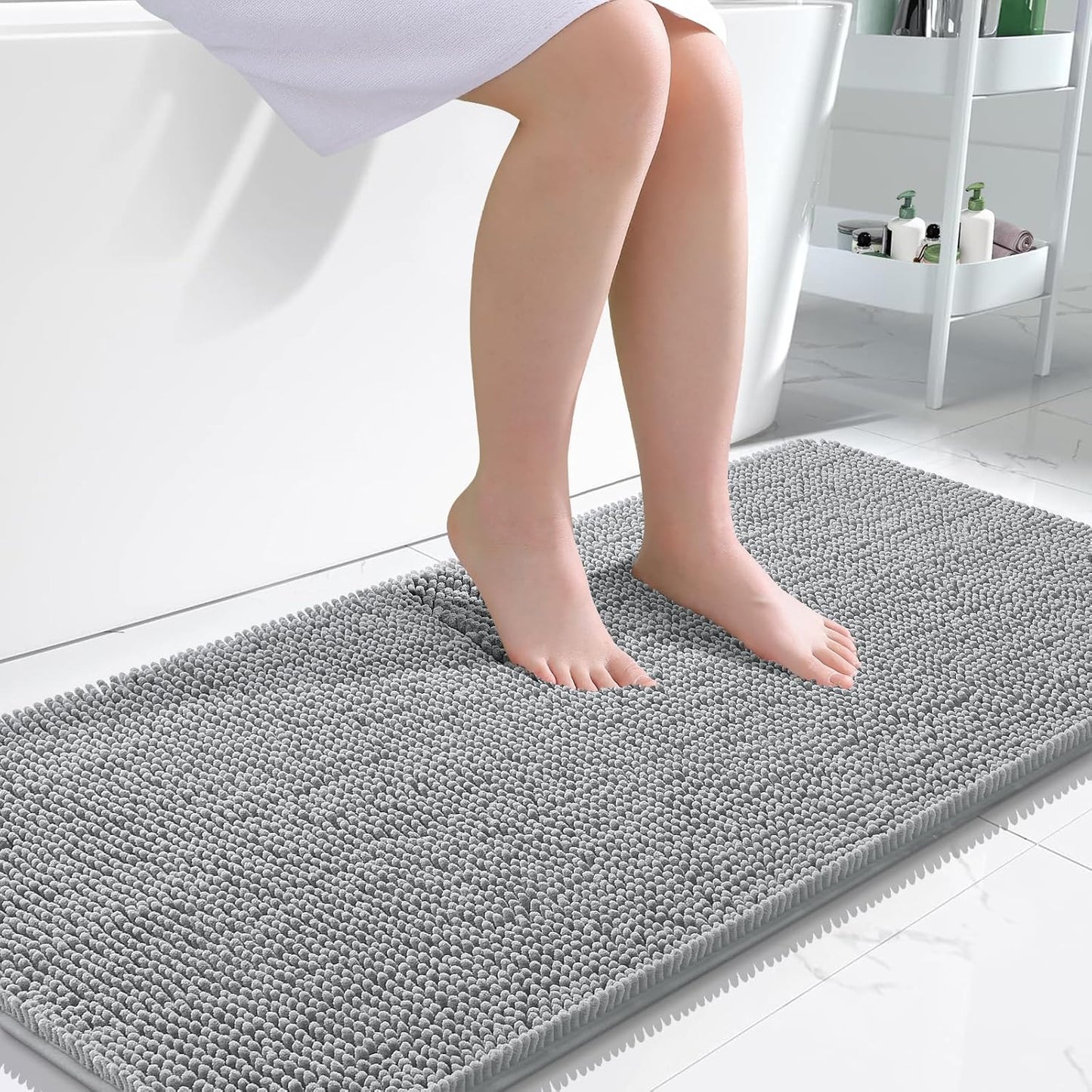 OLANLY Bathroom Runner Rugs - Soft Absorbent Chenille Bath Mats | Quick Dry, Machine Washable, 47x24, Light Grey