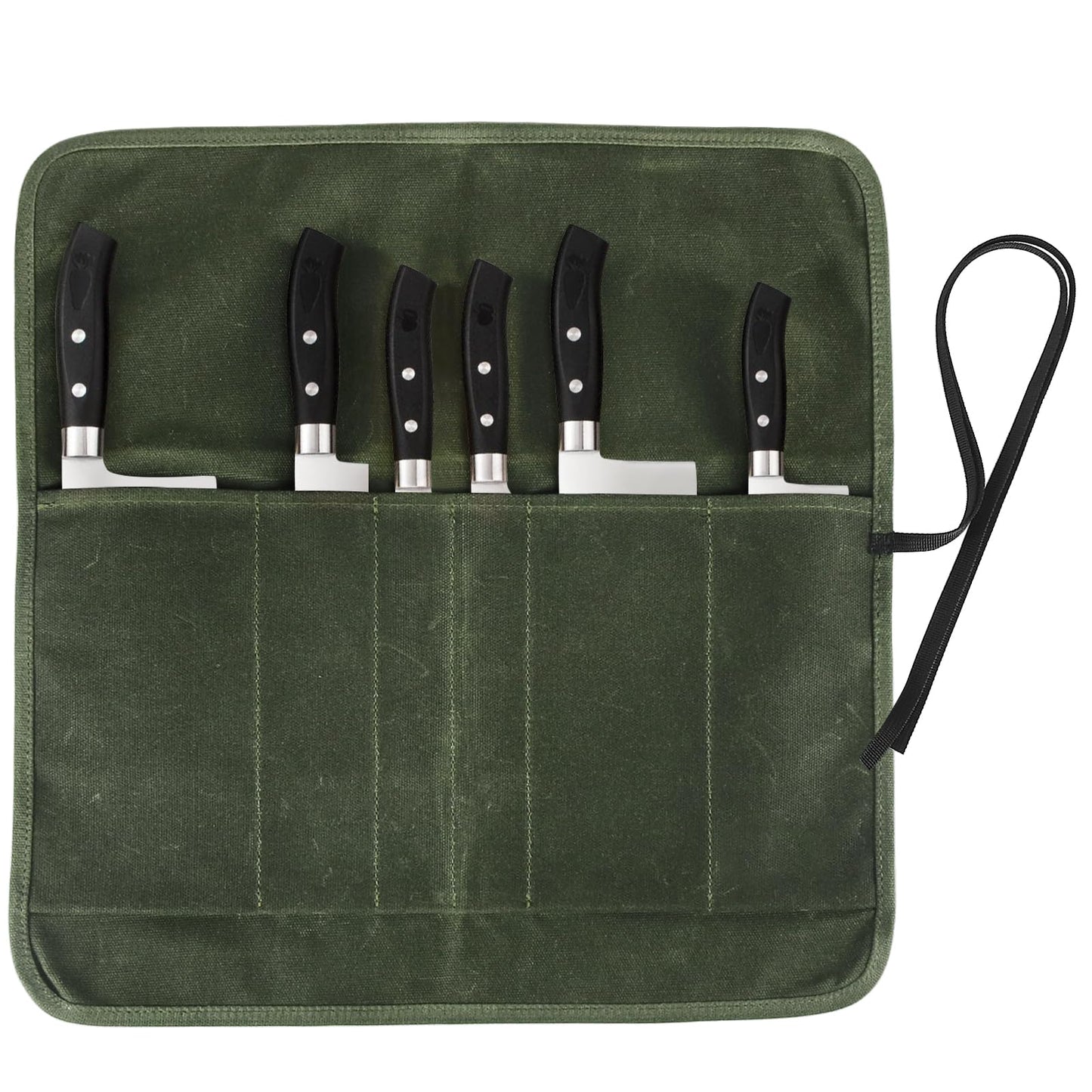 JOINDO Knife Roll Bag, Chef’s Knife Roll Bag, Heavy Duty Chef Knife Roll Bag with 6 Slots, Waxed Canvas Knife Bag Roll, Knife Pouch Holder for Home, Kitchen, Grill (green)
