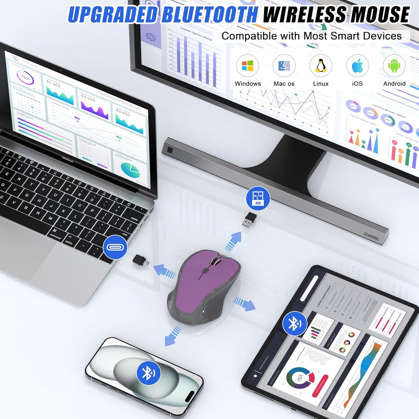 FYBC 3 2.4G Wireless Mouse Jiggler - Ergonomic Bluetooth Mice with Mouse Mover for Keeps Computers Awake, DPI Levels