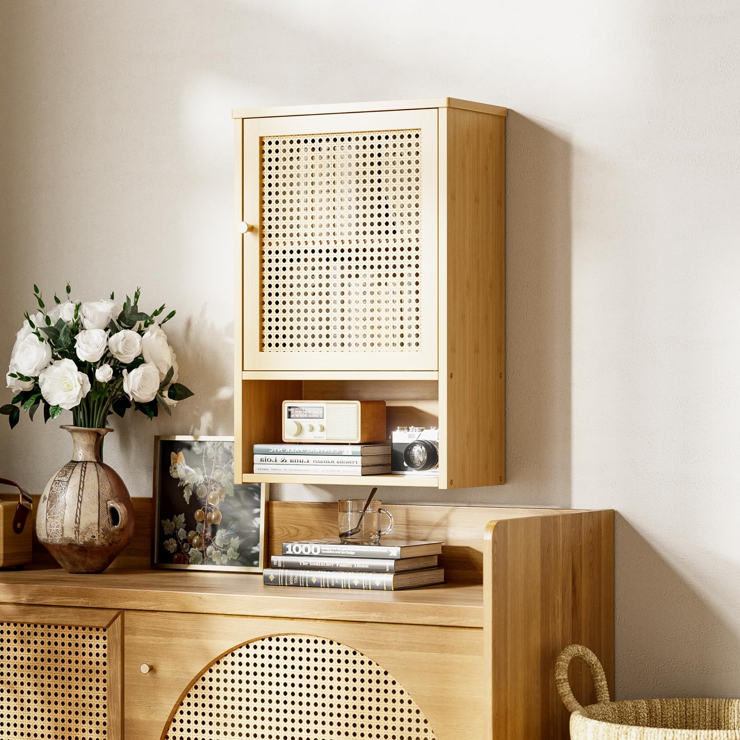 HITNET Bathroom Wall Cabinet, Rattan Medicine Cabinet, Bamboo Hanging Storage Organizer Over The Toilet with Adjustable Shelf for Living Room, Kitchen, Hallway(Natural)