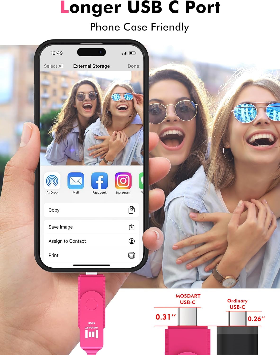mosDART 64GB 3.2 150MB/S 15, 16 17, Dual USB Type-C Flash Drive, Thumb Drive with Keychain and LED Light, exFAT Memory
