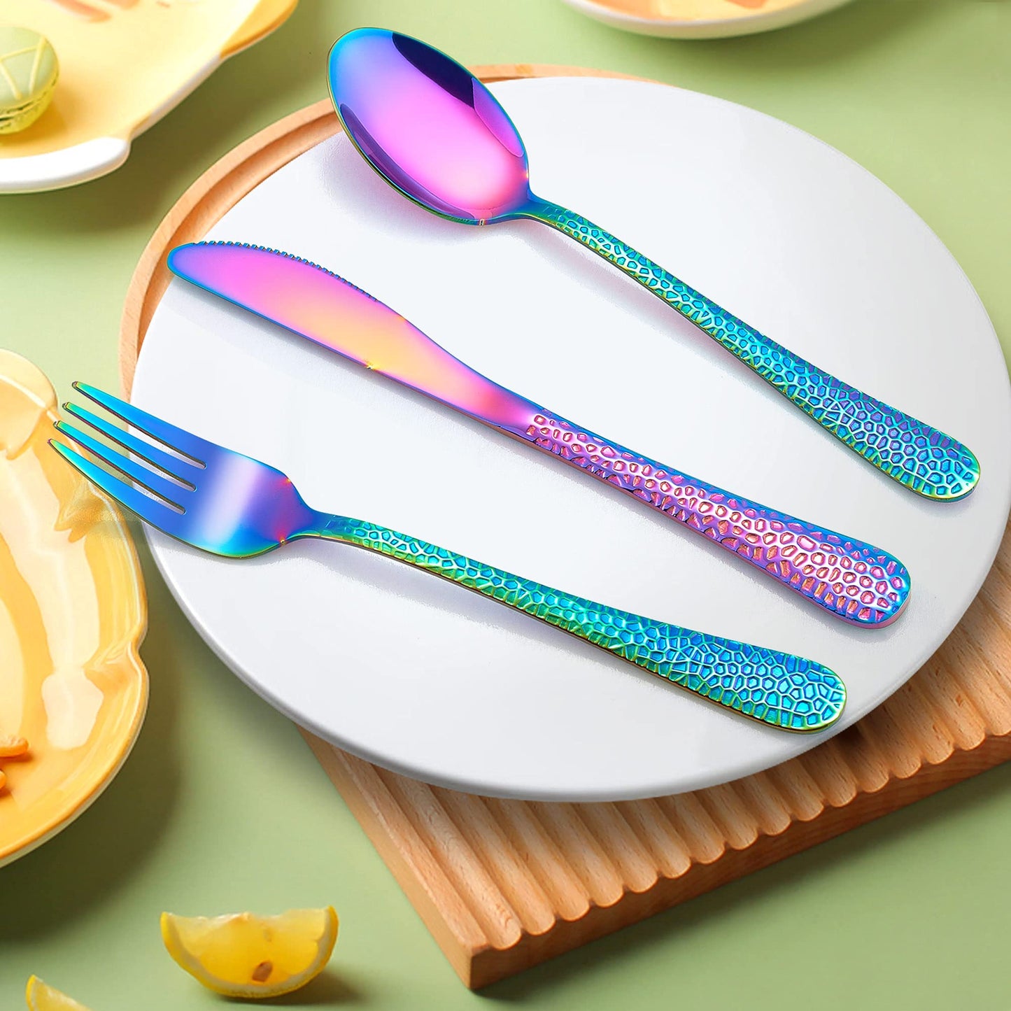 LIANYU 12-Piece Rainbow Kids Silverware Set, Stainless Steel Toddler Utensils, Hammered Preschooler Metal Flatware Cutlery Set, Children Tableware Includes Knives Forks Spoons, Dishwasher Safe