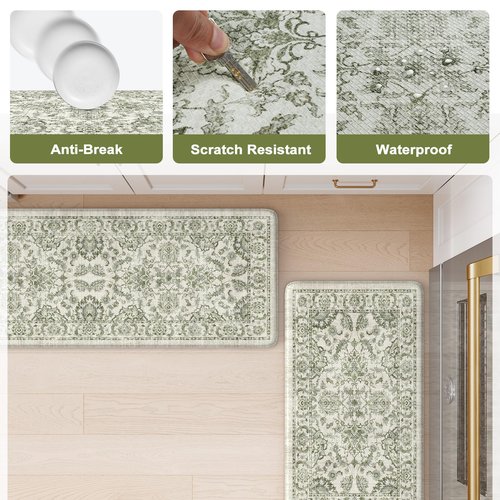 KIMODE Anti Fatigue Kitchen Mat Set, Non Slip Waterproof Kitchen Rug Set of 2, Boho Rugs for Kitchen, Ergonomic Standing Kitchen Sink Mats for Floor, 17"x29.5"+17" x47”, Green