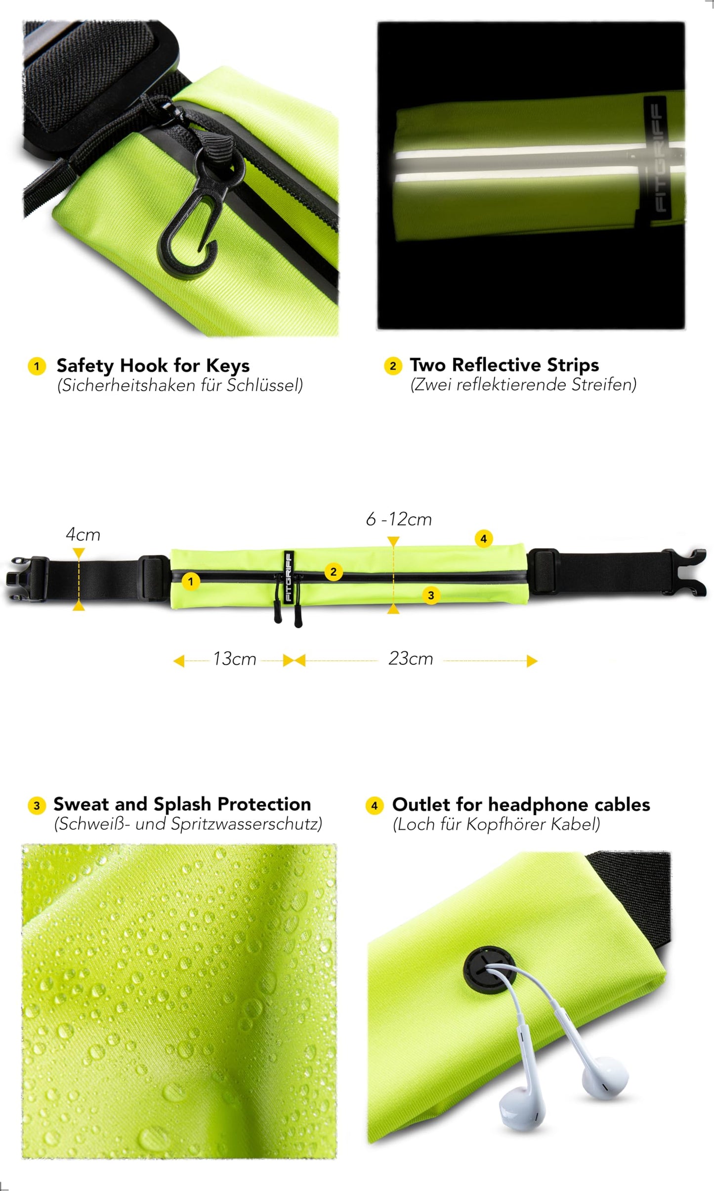 Fitgriff® Running Belt for Men & Women - Secure Jogging Pouch for Phone, Keys & Essentials - For All Cell Phones (Neon Yellow, 24.5" - 35.5" Waist Size)