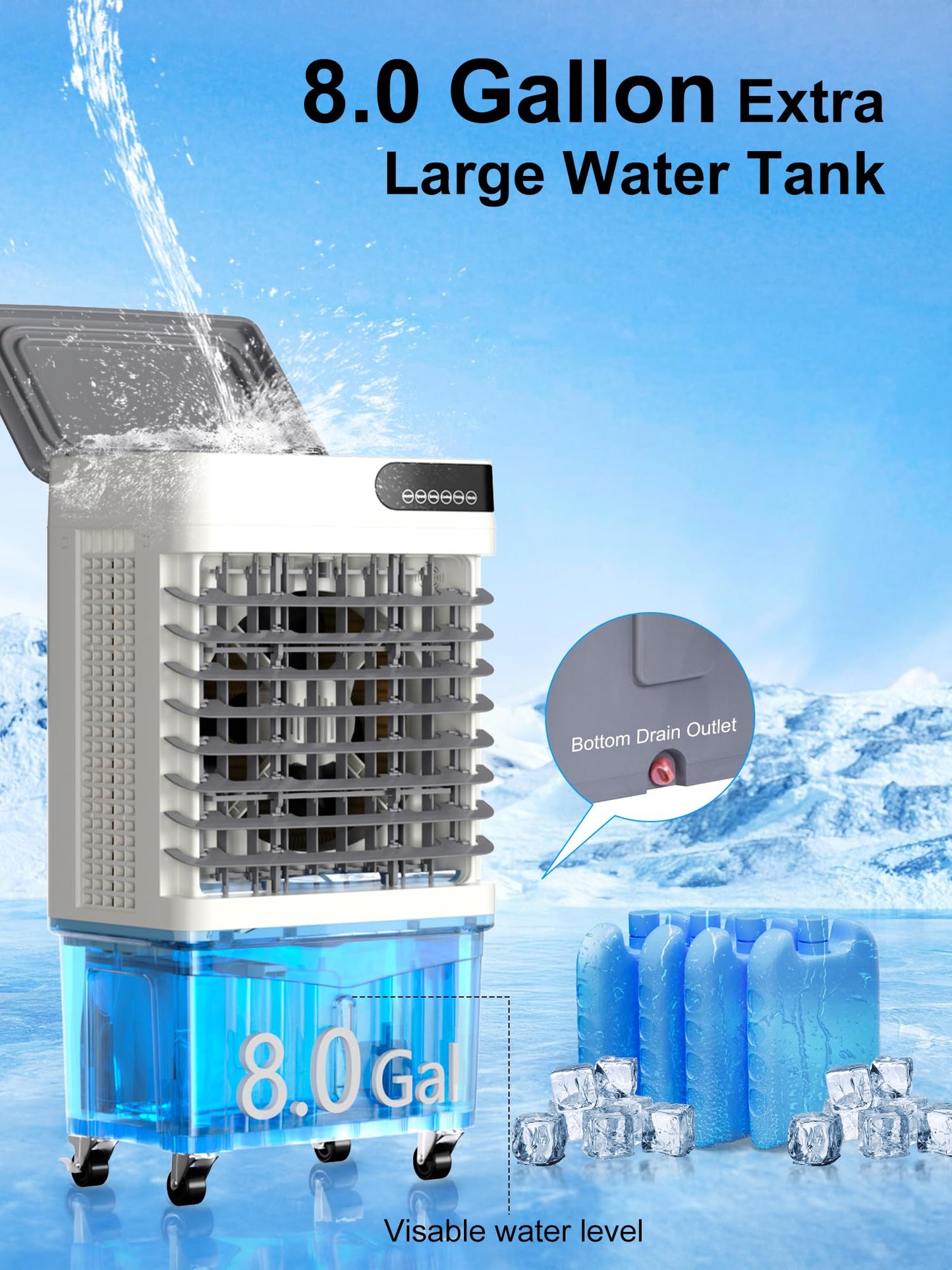 Uthfy Swamp Cooler, 36 Inch Evaporative Air Cooler with 8 Gal Water Tank, 2500 CFM, 120° Oscillation, 3 Modes & 3 Speeds, Remote, 12 H Timer, 4 Ice Packs, Portable Air Conditioner for Indoor