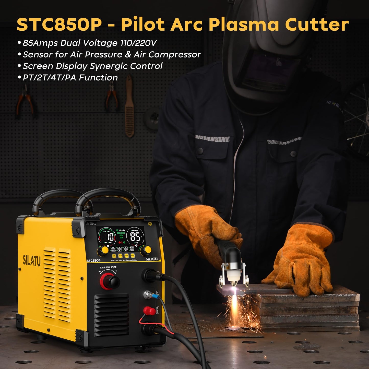 SILATU 85Amps Plasma Cutter, STC850P HF Non-Touch Pilot Arc Plasma Cutter Machine, 110/220V Dual Voltage Air Sensor Technology Digital Display, 1'' Clean Cut 5/4'' Max Cut, PT/2T/4T for Beginners DIY
