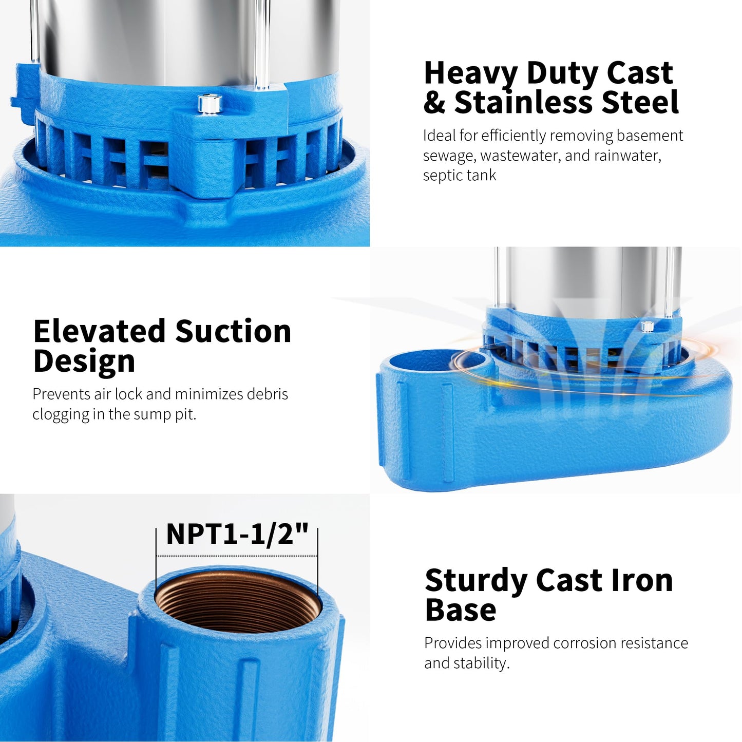 FOTING 1HP 6000 GPH Sump Pump Submersible Sewage/Effluent Pump - Heavy Duty Cast Iron - 115V Septic Pump for Sump Basin/Residential/Sewage/Basement, Sewage Pumps 1-1/2'' NPT