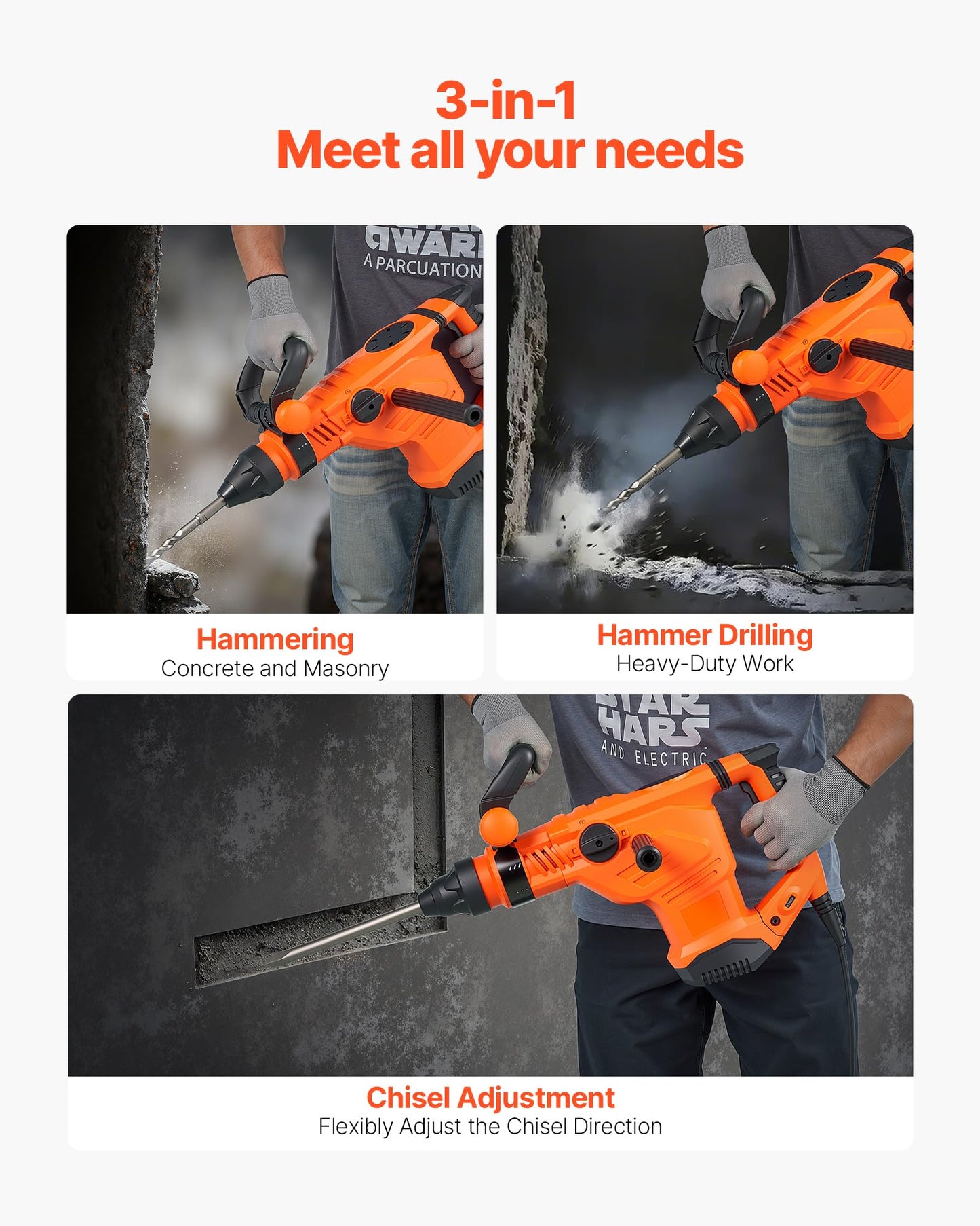 VEVOR 1-3/4" SDS-Max Rotary Hammer Drill, 13Amp Corded Drills, Heavy Duty Chipping Hammers w/Vibration Control & Safety Clutch, Electric Demolition Hammers, Power Tool For Concrete