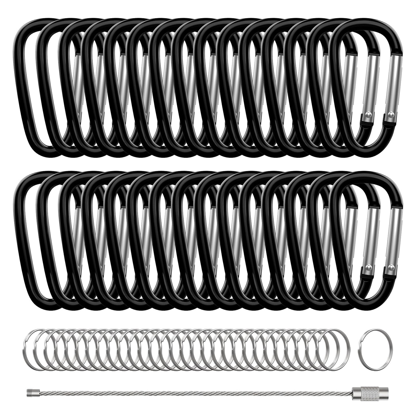 XIECHANEE 30PCS Aluminum Carabiner Clips, 2" D Shape Spring Snap Hooks Carabiner with 30PCS Keyring Keychain Hook, Black