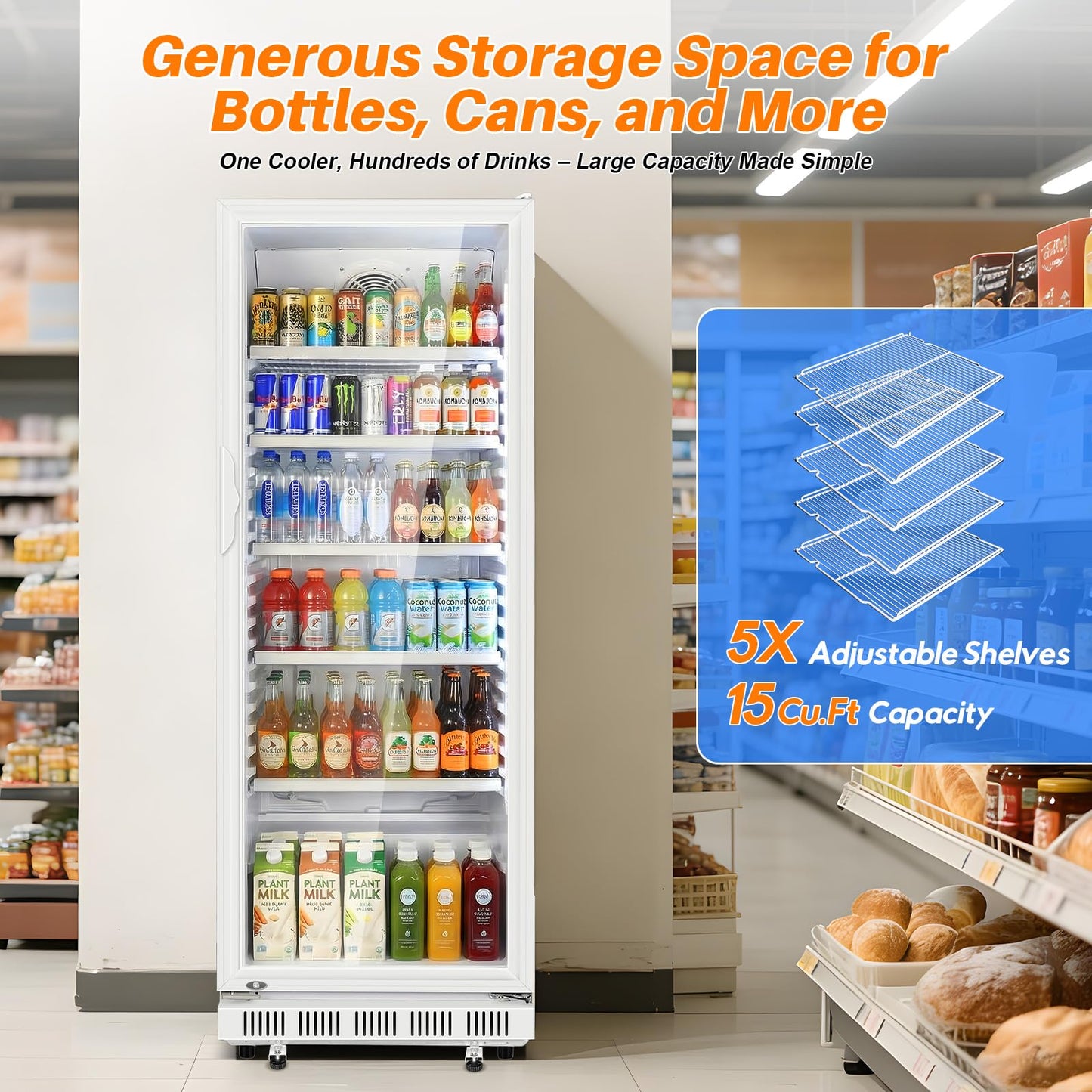 Velivi Commercial Beverage Refrigerator, 24.5" Glass Door Display Fridge, 15 Cu.Ft Beverage Cooler with 5 Adjustable Shelves, Auto Rebound Door, Low Noise, for Shops, Restaurants & Bars WHITE