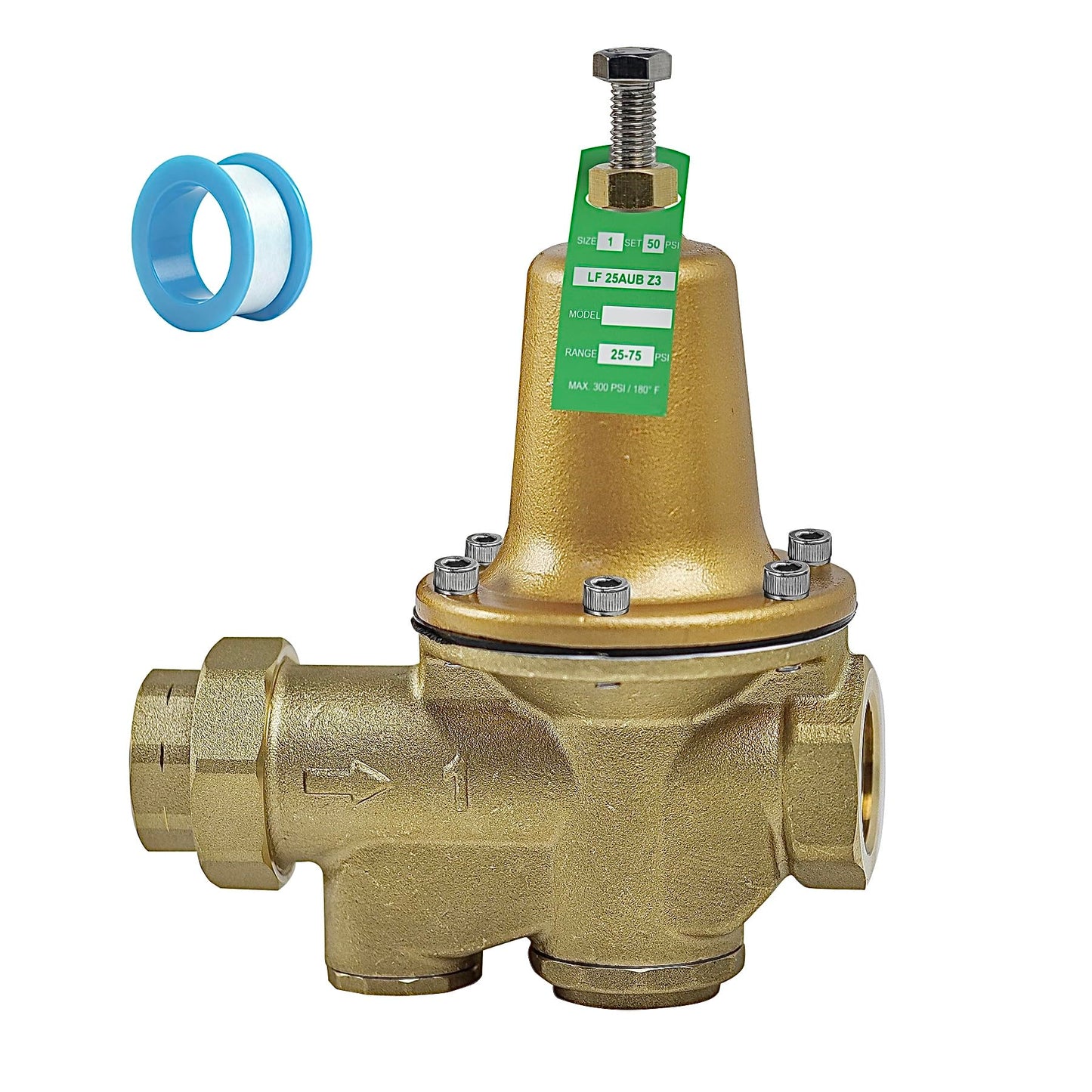 Upgraded LF25AUB-Z3 1" Water Pressure Reducing Valve, NPT Female Union x NPT Female Outlet, Adjustable 25-75 PSI, Maximum 300 psi, Polymer Seat