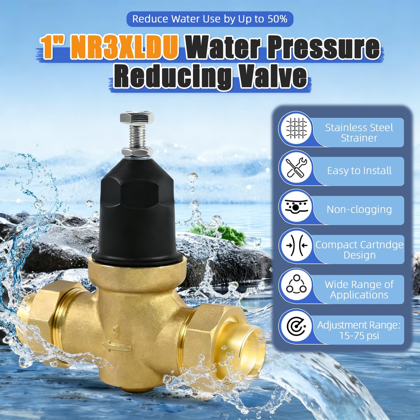 1" NR3XLDU Water Pressure Reducing Valve, 1" NR3XL with Double Union FNPT Connection，for Home & Commercial UseRegulator for Home, Built-in Strainer, 1-NR3XLDU Adjustable 15–75 PSI