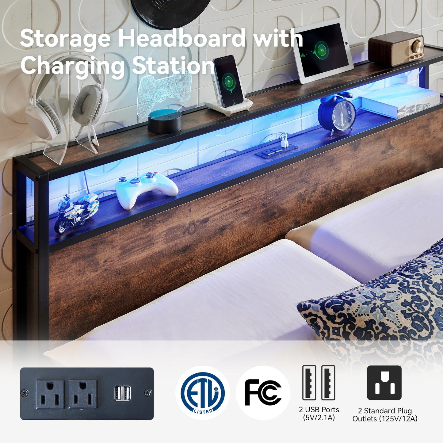 BedsPick Full Bed Frame with 2-Tier Storage Headboard, Metal Platform Full Size Bed Frame with Smart LED Lights & USB Charging Station, Noise-Free/Metal Support/No Box Spring Needed, Brown