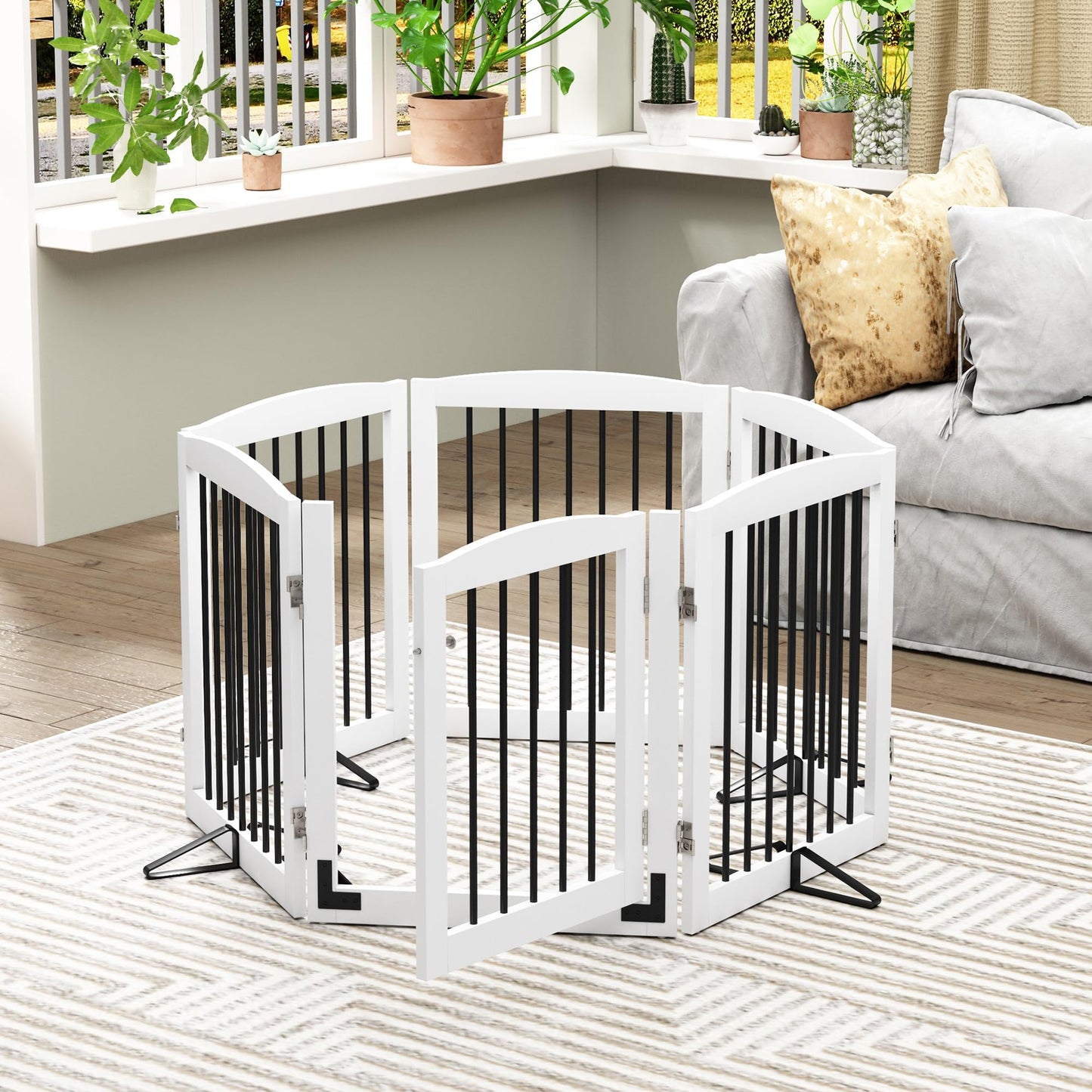 PUPETPO Freestanding Pet Gates with Walk Through Door, Dog Indoor Fence, Dog Gate for The House, Stairs, Extra Wide Pet Gate, Support Feet Included, 120 Inch Wide, 6 Panels 24" Tall, White & Black