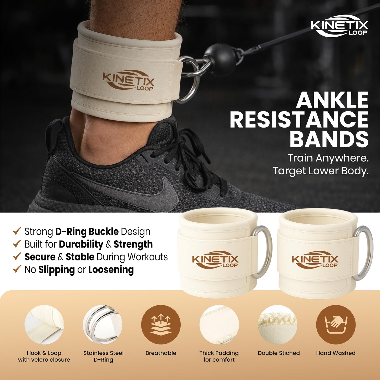 Kinetix Loop Ankle Resistance Bands with Cuffs – 3-Level Latex Exercise Bands for Glutes, Kickbacks & Hip Training | Neoprene Padded Ankle Cuffs for Women & Men | Home Gym Workout Set with Mesh Bag