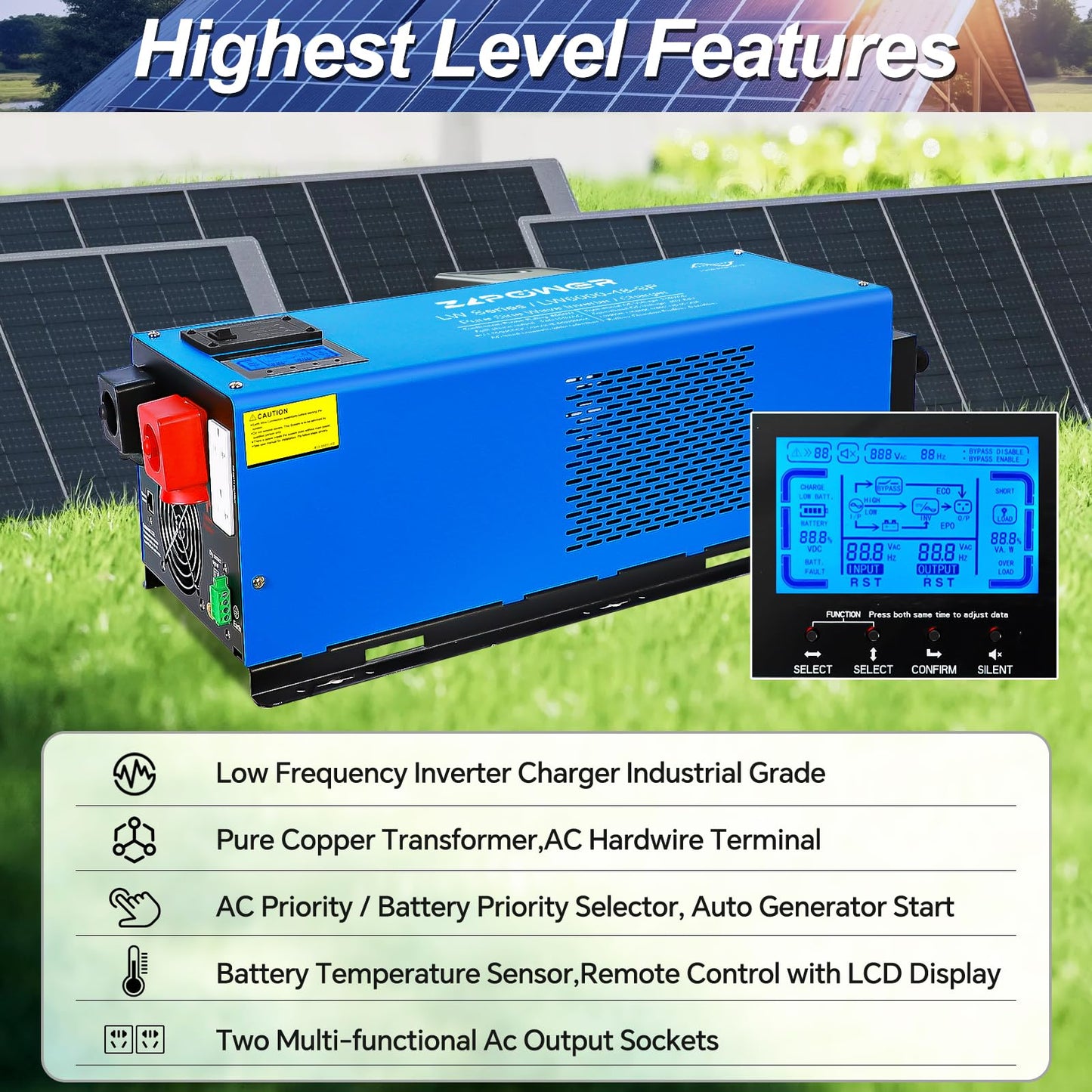 ZLPOWE 6000W 24V Inverter DC Pure Sine Wave 18000W Peak Low Frequency Off-Grid Solar Inverters 240Vac Input 120Vac/240Vac Output Split Phase with Battery Charger LCD Display for RVs Home